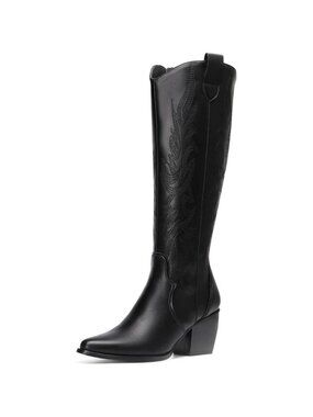 DREAM PAIRS Womens Black Cowboy Boots Wide Calf Knee High Boots Ladies